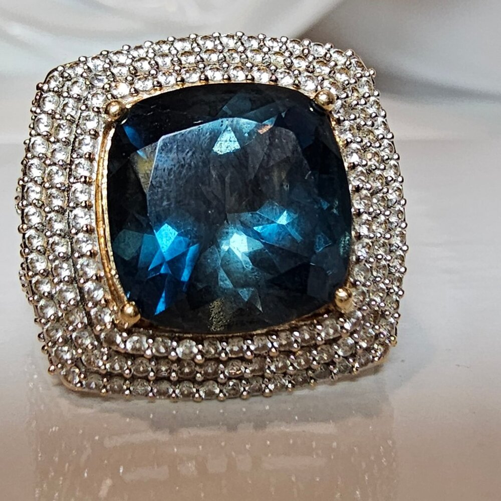 14K Yellow  Gold, London Blue Topaz & White Topaz Ring, Size 9